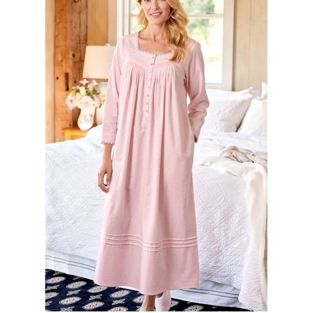 Eileen West 100% Cotton Flannel Nightgown Med Pink Maxi 'Fairy Tale' Oversized